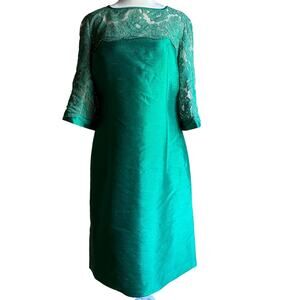 50's VINTAGE | Wayne Fuller Emerald Green Silk Sheath Dress Lace | Approx Sz 10